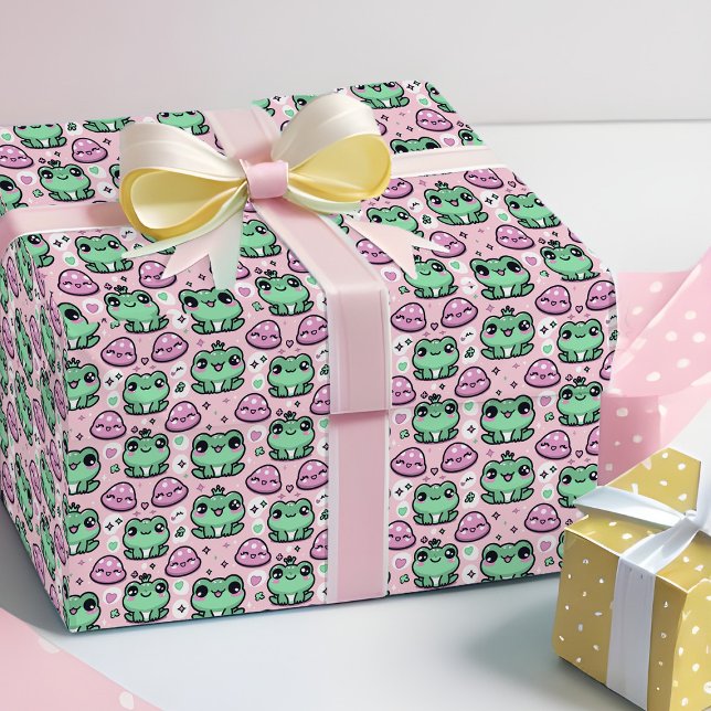 Papel De Presente Kawaii Sapo Princesa Rosa e Bebê Verde (Cute frog princess little girl wrapping paper in pink and green)