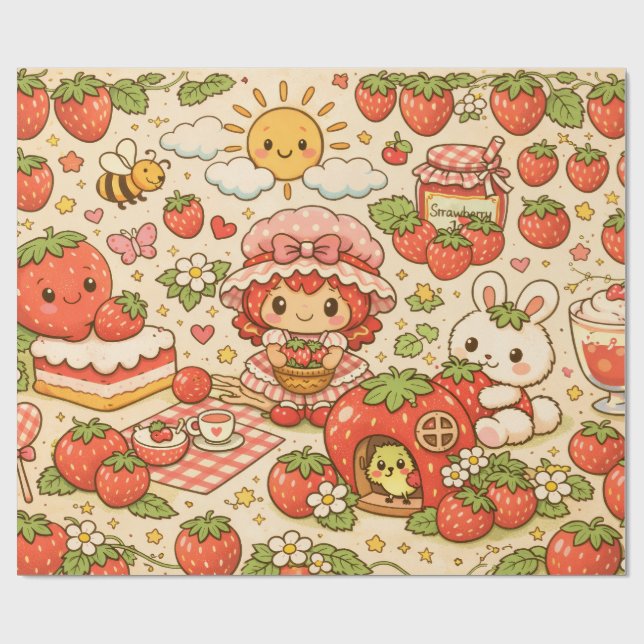 Papel De Presente Kawaii Strawberry Picnic Wrapping Paper (Aberto)