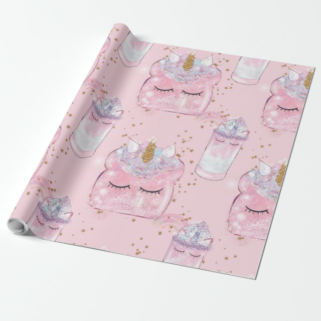 Papel De Presente Kawaii Unicorn Toast & Milkshake - Pastel (Desenrolado)
