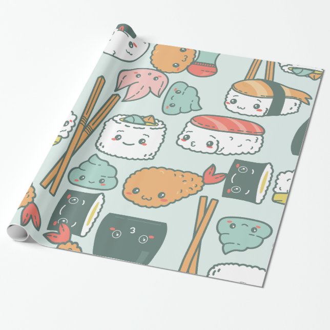 Papel De Presente kawaii verde sushi tempura fofo (Desenrolado)