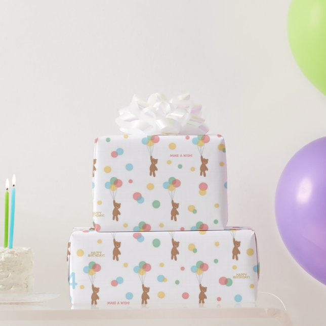 Papel De Presente Kid Birthday Balloons Teddy Bear Age Feliz Nome  (Presentes para festas)