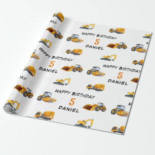 Papel De Presente Kids Contrution Vehicle Personalizado Birthday