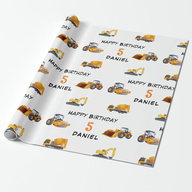 Papel De Presente Kids Contrution Vehicle Personalizado Birthday (Desenrolado)