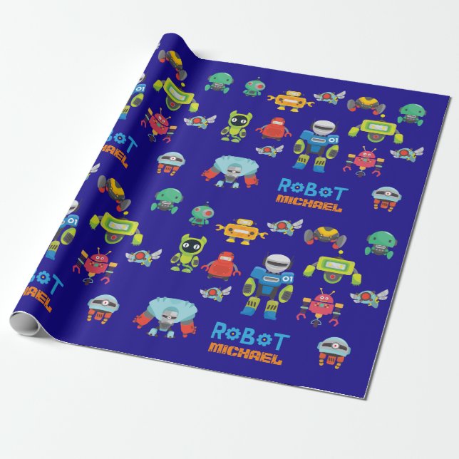 Papel De Presente Kids ROBOT Chamado Royal Blue Cartoon Robots Engra (Desenrolado)