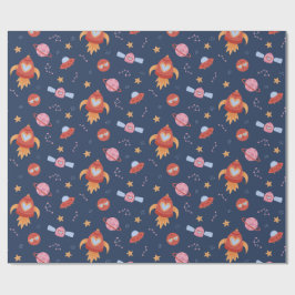 Papel De Presente Kids Space Pattern with Rockets & Planets