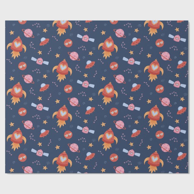 Papel De Presente Kids Space Pattern with Rockets & Planets (Aberto)
