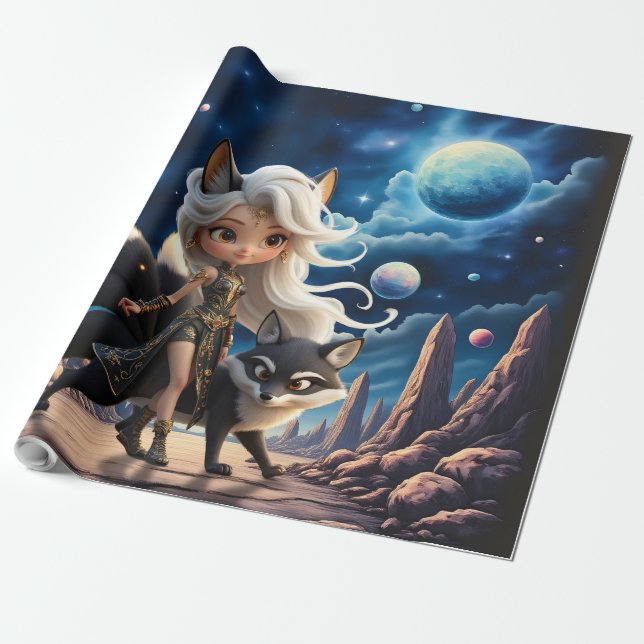 Papel De Presente Kitsune Celestial – Guardiã das Quatro Caudas.  (Desenrolado)