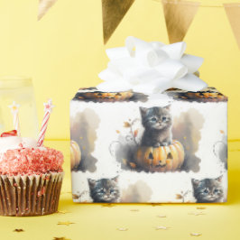 Papel De Presente Kitten de Halloween em Aguarela num Jack-o-lantern