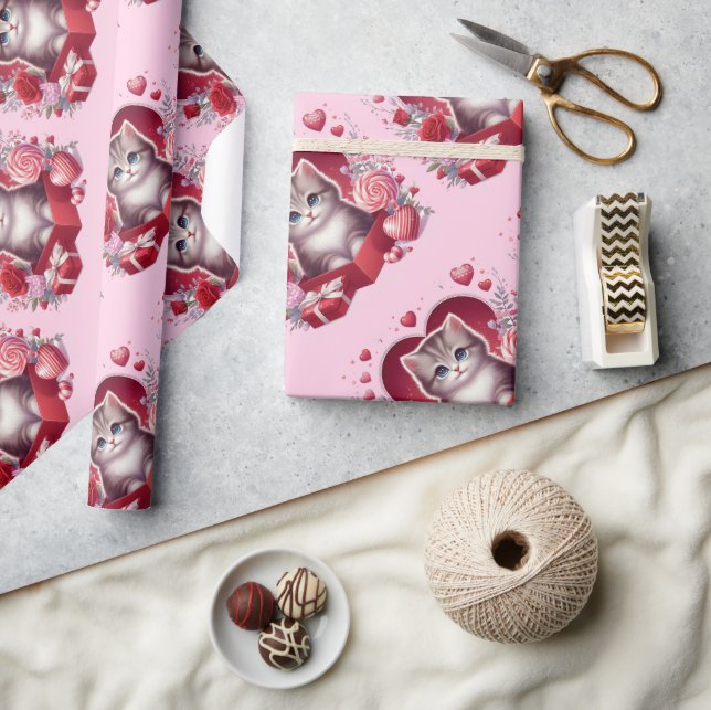 Papel De Presente Kitten Sentado em Caixa com Flores e Presentes (Artesanato)