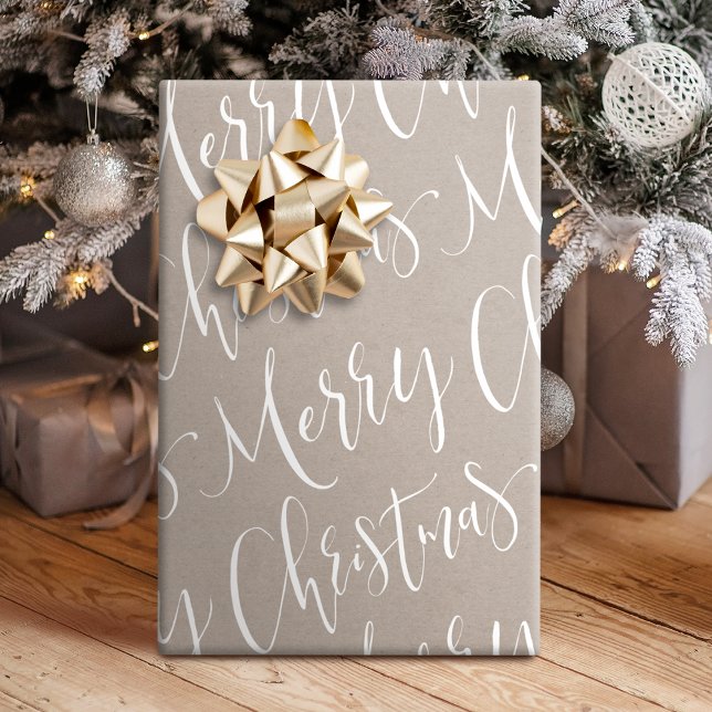 Papel De Presente Kraft Felry Natal Feriado (Kraft Merry Christmas Calligraphy Holiday Wrapping Paper)