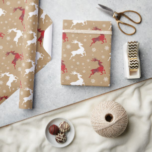 Papel De Presente Kraft Paper Reindeer Tartan Red/White ID589
