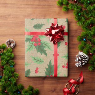 Papel De Presente Kraft Rústico Vintage Natal Azevinho Frutas Vermel