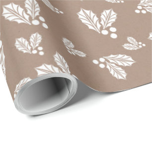 Papel De Presente Kraft Winter White Christmas Holly Elegant