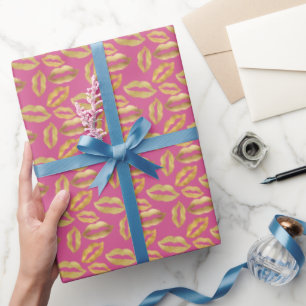 Papel De Presente Lábios Brilhantes Rosa Dourado Glitz