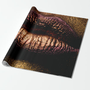 Papel De Presente Lábios de ouro fechados. Dourado lábio metálico