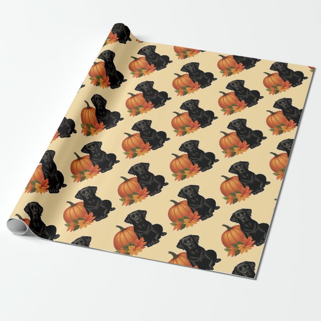 Papel De Presente Labrador preto com folhas de outono e abóbora (Desenrolado)