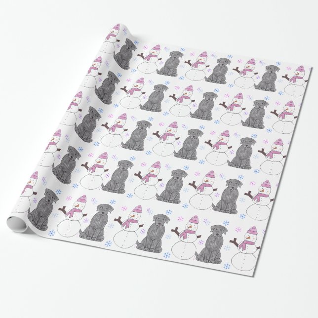 Papel De Presente Labrador retriever preto e boneco de neve (Desenrolado)