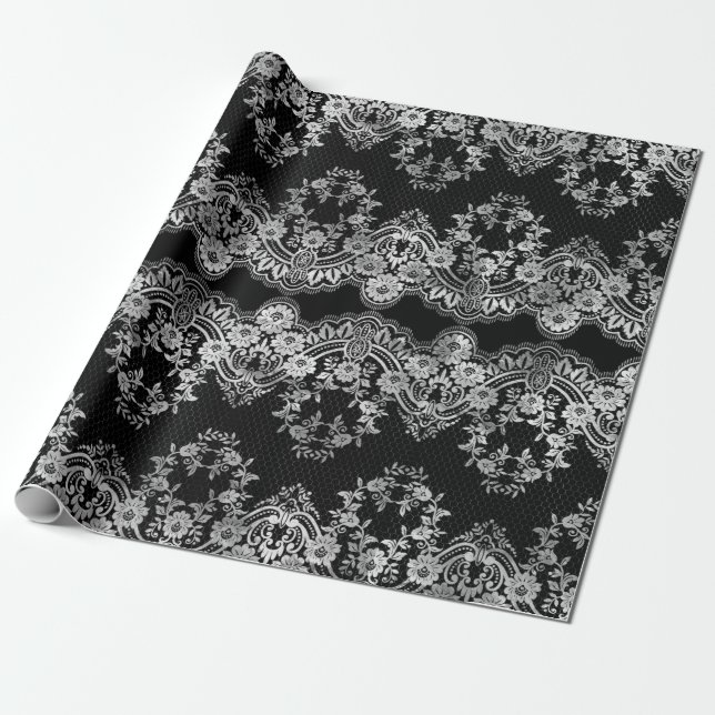 Papel De Presente Lace branco de intricate em preto (Desenrolado)