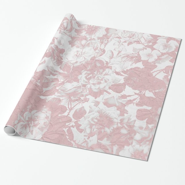 Papel De Presente Lace floral branco de coral rosa, elegante (Desenrolado)