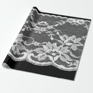Papel De Presente Lace floral branco sobre fundo preto.