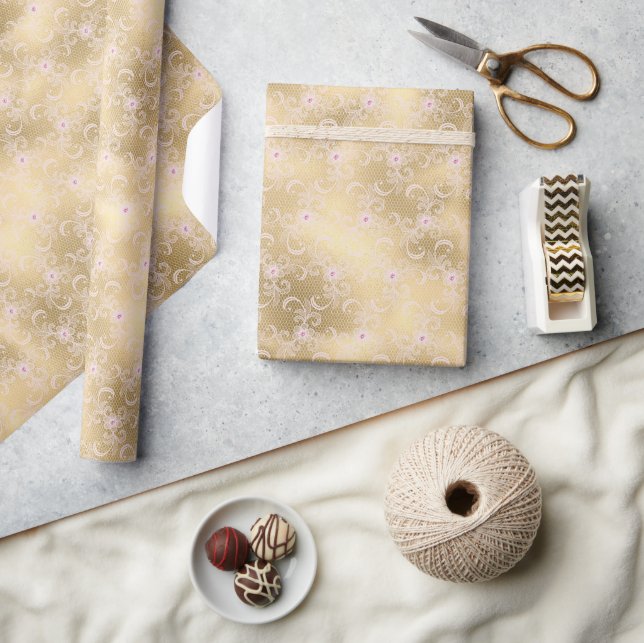 Papel De Presente Lace Floral Dourado e rosa elegante (Artesanato)