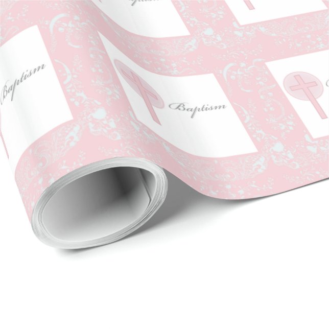 Papel De Presente Lace Girl Baptism Rosa (Ponta do rolo)