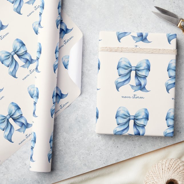 Papel De Presente Laço Azul Tendência Personalizado Com Nome Monogra (Criador carregado)