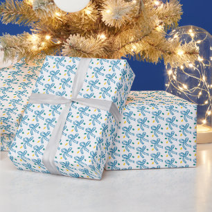 Papel De Presente Laco de Fita Doodle NATAL HANUKKAH Festa Azul