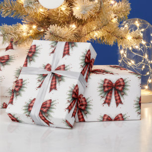 Papel De Presente Laço de Natal em Xadrez Vermelho Aquarela