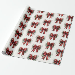 Papel De Presente Laço de Natal em Xadrez Vermelho Aquarela