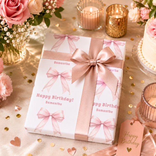 Papel De Presente Laço rosa de aniversário menina branca (Criador carregado)