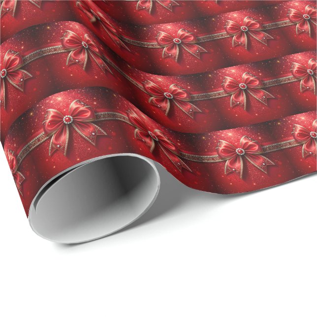 Papel De Presente Laço Vermelho com Pérolas e Joias (Ponta do rolo)