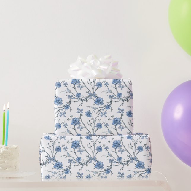 Papel De Presente Laços Azuis Elegantes e ramalhete floral (Presentes para festas)