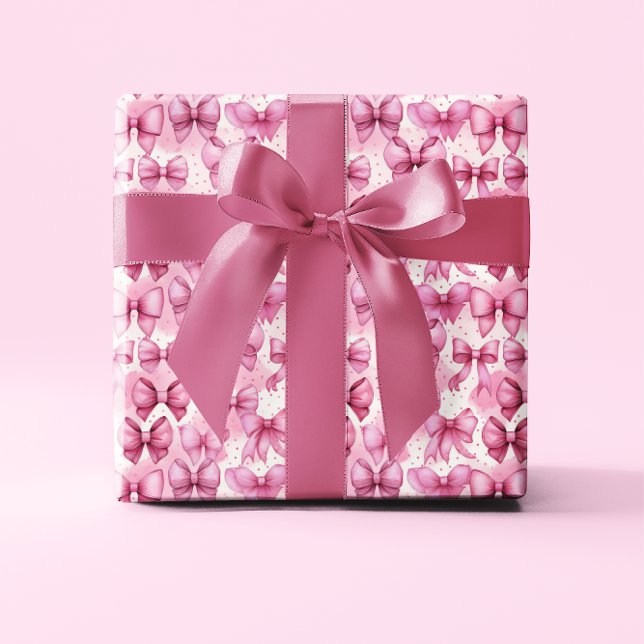 Papel De Presente Laços Coquete Rosa Elegantes e Caprichosos (Elegant and Whimsical Pink Coquette Bows and Ribbons with Pink Polka Dots Wrapping Paper)