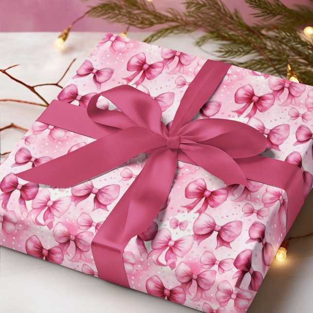 Papel De Presente Laços Coquete Rosa Elegantes e Caprichosos Fitas (Elegant and Whimsical Pink Coquette Bows and Ribbons with Pink Polka Dots Wrapping Paper)