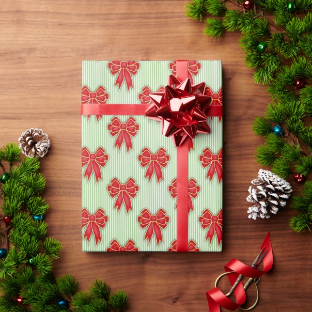 Papel De Presente Laços de Natal Vermelhos Festivos em Listras Verde (Presente de Natal)