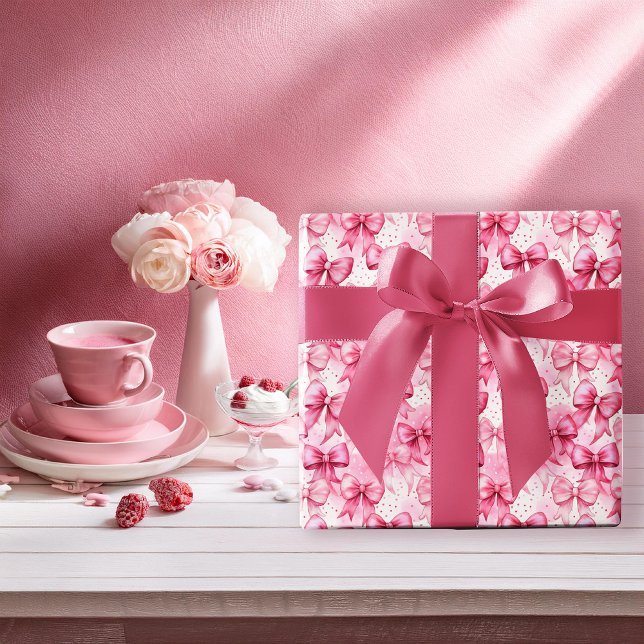 Papel De Presente Laços e Fitas Rosa Elegantes e Caprichosos Coquett (Elegant and Whimsical Pink Coquette Bows and Ribbons with Pink Polka Dots Wrapping Paper)