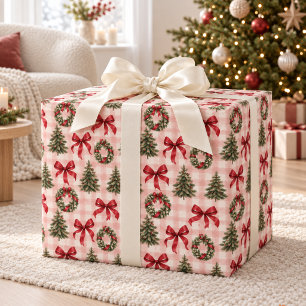 Papel De Presente Laços e Grinaldas de Natal em Xadrez Rosa