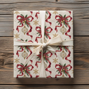 Papel De Presente Laços e Ornamentos de Veludo Burgundy Natal Vintag