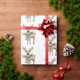 Papel De Presente Laços Marrons Rústicos Árvores de Natal Verde Crem