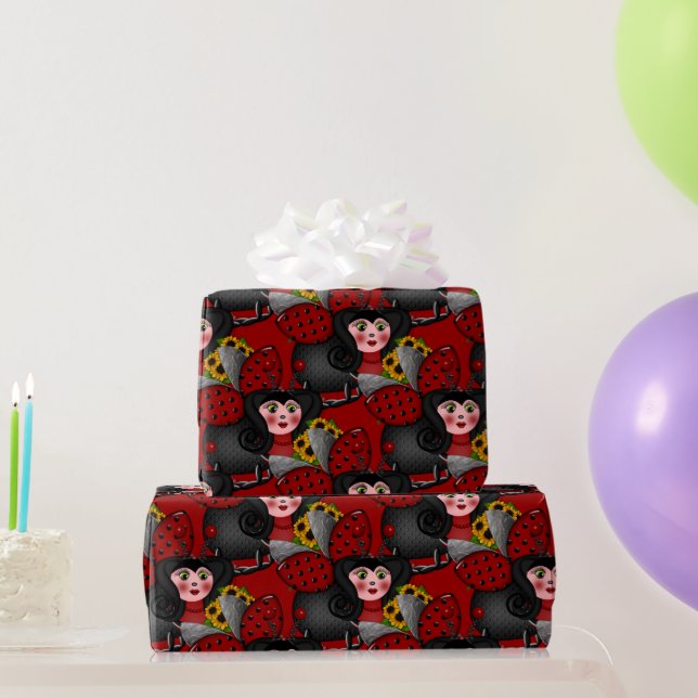 Papel De Presente Ladybug e Sunflower-Diagonal-Red- (Presentes para festas)