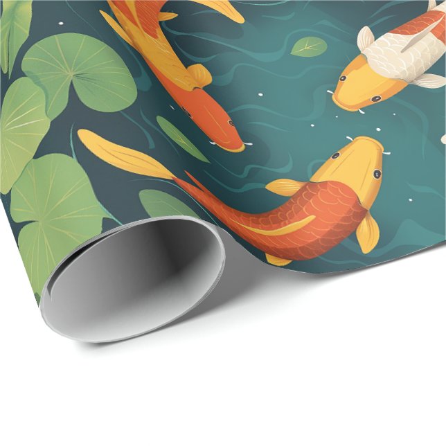 Papel De Presente Lago de Koi Elegante e Folhas de Lírio Estilo Vint (Ponta do rolo)