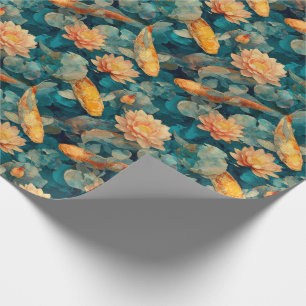 Papel De Presente Lago de Koi Fantasia Peixes Koi Brilhantes Flores