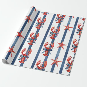 Papel De Presente Lagosta Patriótica Vermelha, Branca e Azul Estrela