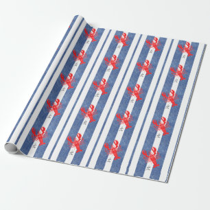 Papel De Presente Lagosta Vermelha nas tiras de Denim Azul e Branca