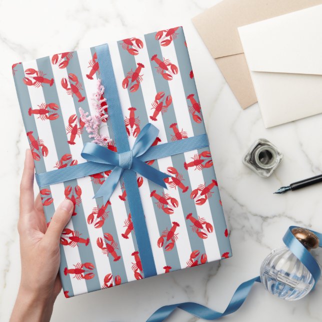 Papel De Presente Lagostas Vermelhas Ilustradas em Listra Azul-Cinza (Presentear)