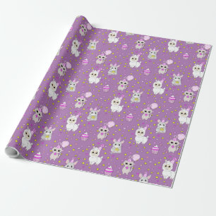 Papel De Presente Lama, Gatinho e Cupcake Roxo da Menina
