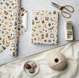 Papel De Presente Lâmpada de Floresta no Inverno Padrão Folclórico