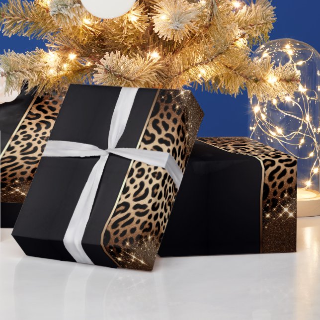 Papel De Presente Lantejoulas de Leopardo Preto e Dourado Elegante (Feriados)