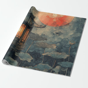 Papel De Presente Lanterna de Lótus ao Luar em Aquarela